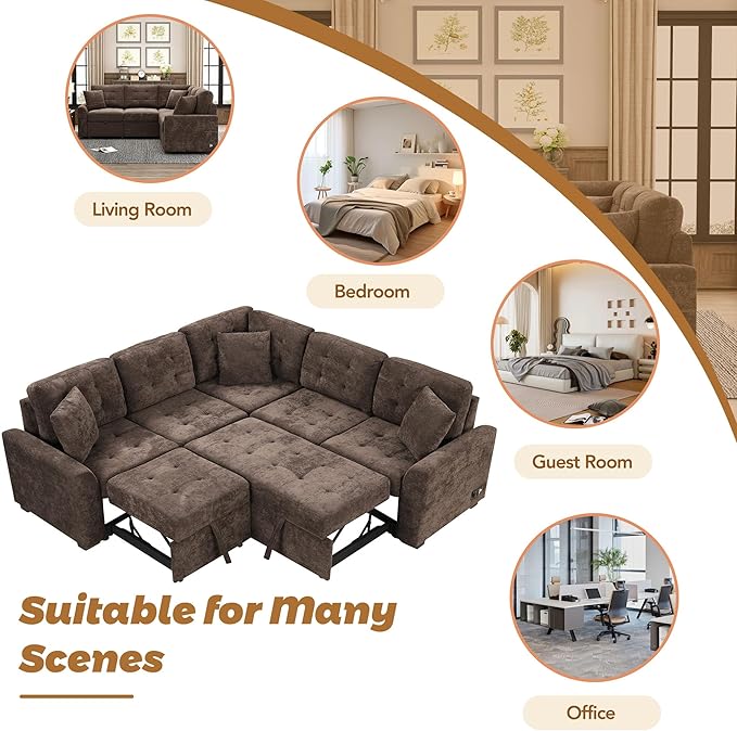 82.6 L-Shape Sofa Bed with Wheels Pull-Out Sleeper Sofa with USB Ports and Power Sockets Multifunctional Convertible Sectional Sofa Set for Living Room Bedroom (Brown-11x)