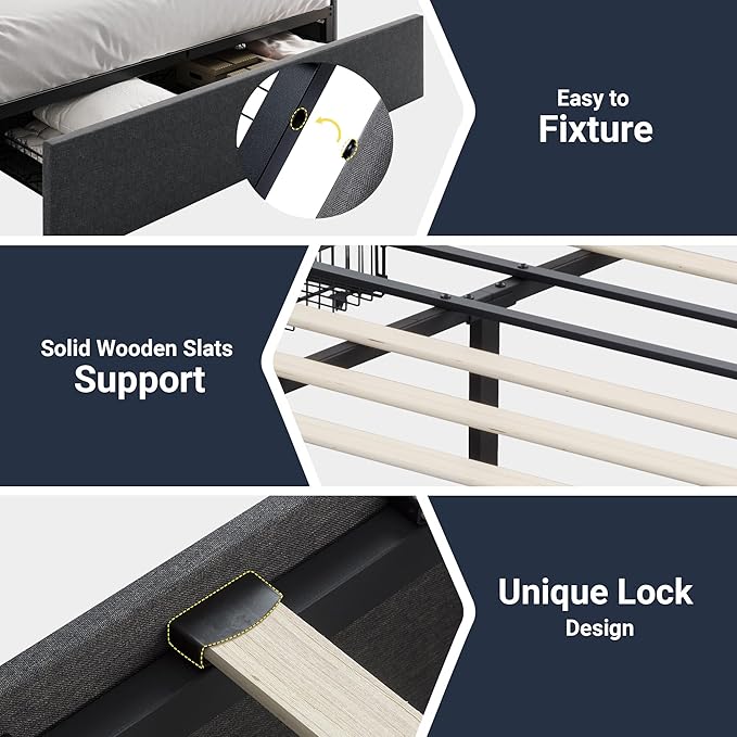 Allewie Full Size Platform Bed Frame with 3 Storage Drawers Fabric Upholstered Wooden Slats Support No Box Spring Needed Noise Free Easy Assembly Dark Grey