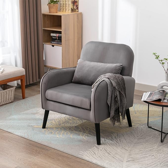 Mid Century Modern Accent ChairSingle Sofa Chair with Solid Wood Legs Comfy Fabric Upholstered Reading Armchair with A Soft Cushionfor Living Room BedroomApartmentOffice (Light Gray)