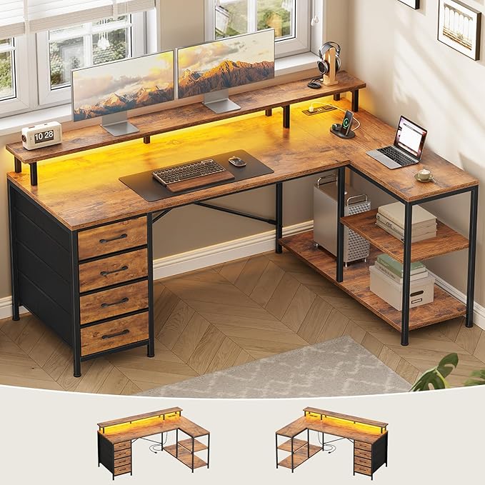 SEDETA L Shaped Desk with 4 Drawers and Storage Shelves L Shaped Gaming Desk with LED Lights &amp Power Outlets Computer Desk with Shelves &amp Drawer Corner Desk Home Office Desk Rustic Brown