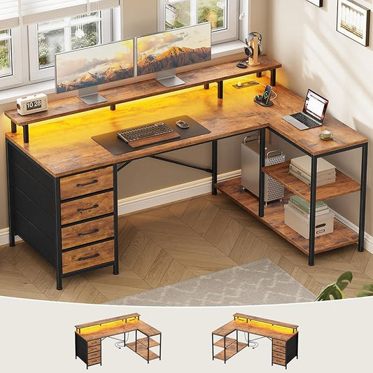 SEDETA L Shaped Desk with 4 Drawers and Storage Shelves L Shaped Gaming Desk with LED Lights &amp Power Outlets Computer Desk with Shelves &amp Drawer Corner Desk Home Office Desk Rustic Brown
