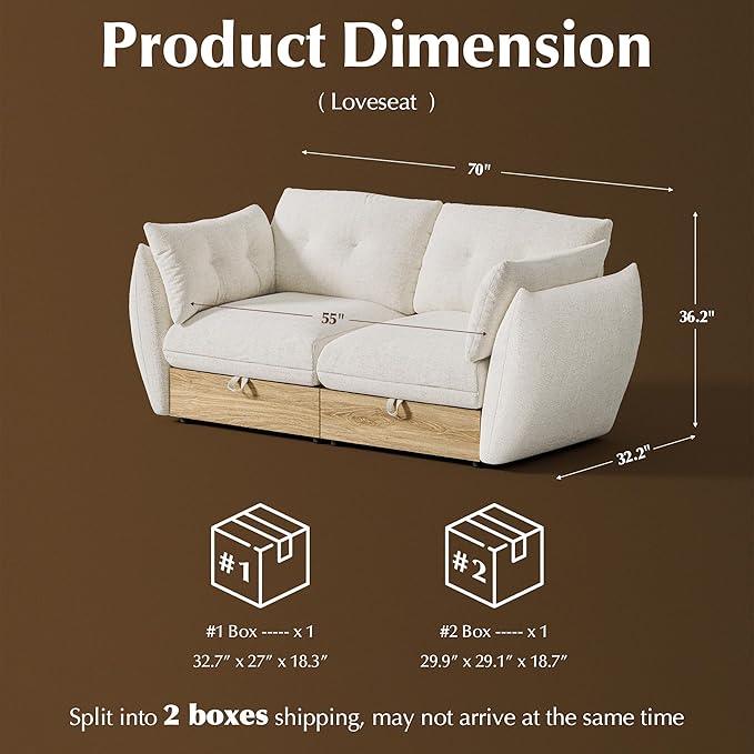 70 Loveseat Sofa with Storage Cotton and Linen Fabrics Modern Oversized Modular Sectional Cloud Couch with Armrest Pillow Easy Assembly for Small Spaces Ivory