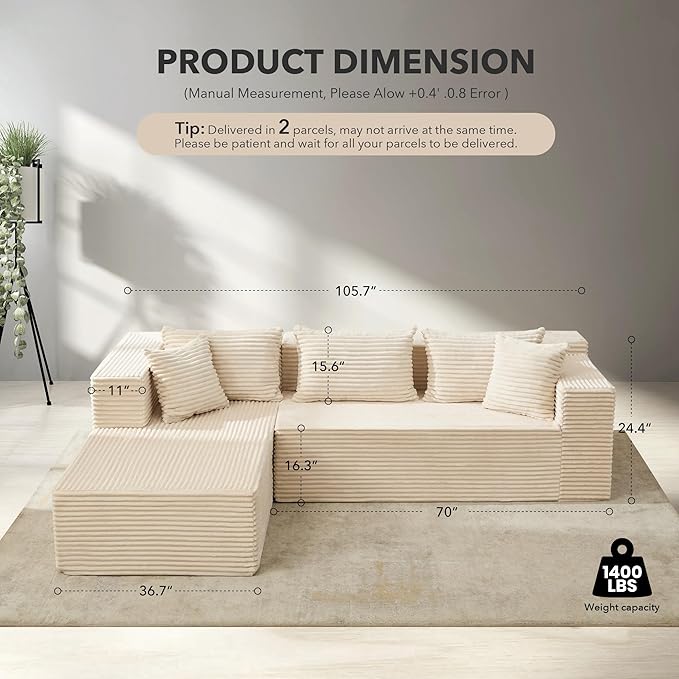 Modular Sectional Sofa Cloud Sectional Couch 106 Comfy L Shaped Black Couches for Living RoomOversized Sofa Sleeper with Deep Seat No Assembly Required
