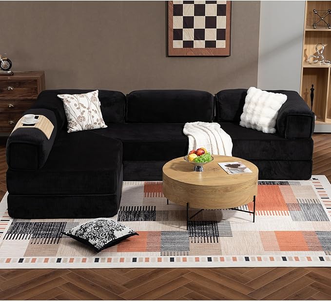 108 L Shaped Couch Modular Sectional Sofa with Chaise Cloud Boneless Couch with Deep Seat &amp Removable Pillow for Living Room BedroomNo Assembly Required（Black）