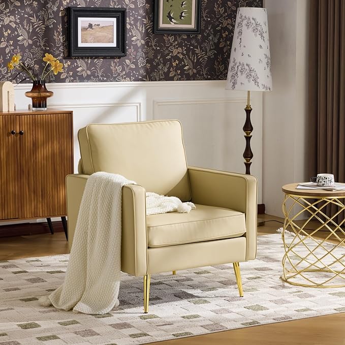 VINGLI Modern PU Leather Accent Chairs Set of 2 Single Sofa Chair with Pocket Coil Seat Metal Backrest &amp Solid Wood Frame Upholstered Armchair for Living Room Bedroom or Office