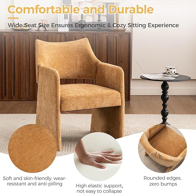 Mid-Century Chenille Accent Chair Geometric Open-Back Upholstered Armchair with Non-Slip Frame Cozy Reading Chair for Home &amp Office (Light Brown)