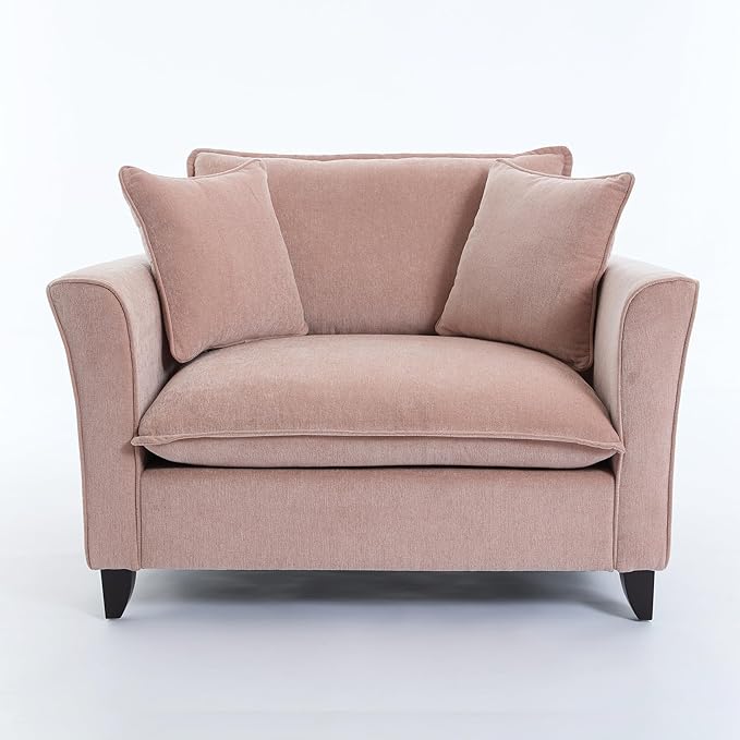 46.3 Inch Oversized Armchair Chenille Fabric Chair and a Half Single Sofa with Pillow Removable Washable Covers Rubberwood Legs Ruffled Armrests for Living Room Bedroom Office Apartment Pink