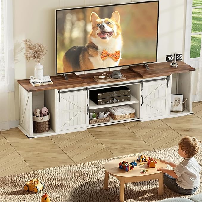 Extendable TV Stand Entertainment Center for 85 95 105 Inch TV Farmhouse TV Stand with Large Capacity Storage and Sliding Doors Media Console for Living Room Length 86-113 White