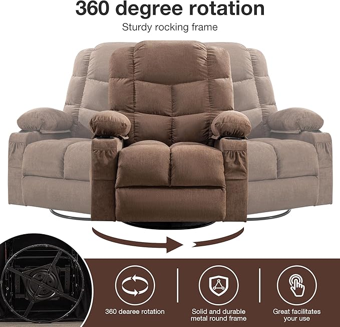 360 Degree Rotating Boy Lounger with 2 Cup Holders Heat and Massage Function Adjustable Backrest USB Port and 2 Side Pockets for Adults (Brown)