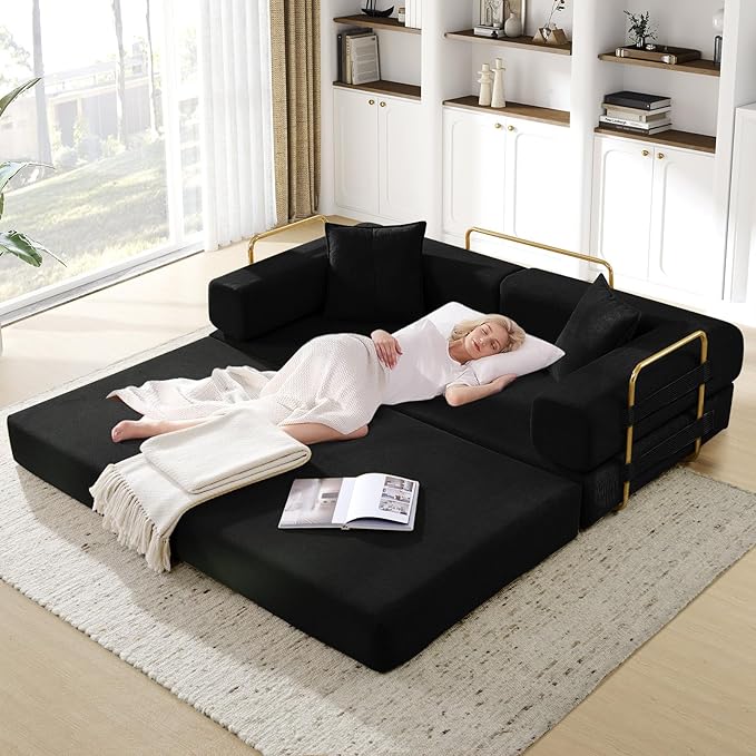 Convertible Folding Sofa Bed Corduroy Sleeper Mattress Couch with Fixed-Shape Frame Free Combination Loveseat Lounge Floor Sofa Queen Size Memory Foam Couch for Living Room Bedroom Carbon Black