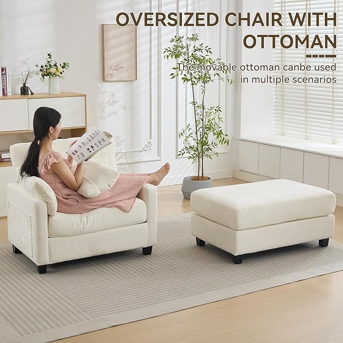 57.5 Oversized Chaise Lounge with Ottoman Indoor White Reading Chair with Ottoman &amp Sofa Bed Chenille Upholstered Comfy Sleeper Chair for Living Room Bedroom Office