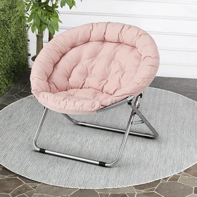 Cozy Saucer Chair Living Room Chair Faux Fur Soft Thick Padded Folding Chair Comfortable Moon Chair for Living Room Bedroom Reading Nook Modern Style 2 Pack Pink