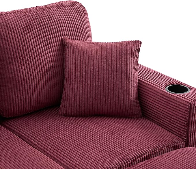 L-Shaped Sectional Sofa with Storage &amp Movable Ottoman Corduroy 3 Seater Sectional Couch with USB Charging Cup Holder &amp LED Light Couches for Living Room (Wine Red 76.38)