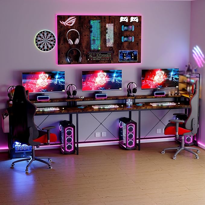 U Shaped Desk with Power Outlets USB Ports &amp RGB LED Lights 79 Inch Large Corner Computer Desk with Monitor Stand Reversible Gaming Desk for Home Office Ergonomic Workstation (Rustic Brown)