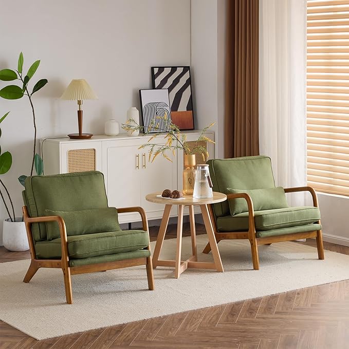 Karl home Accent Chair Mid-Century Modern Chair with Pillow Linen Fabric Upholstered Lounge Arm Chair with Solid Wood Frame &amp Soft Cushion for Living Room Bedroom Balcony Green