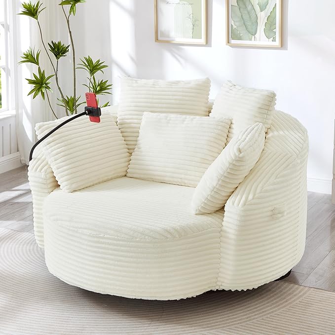 360° Swivel Accent Chair with 5 Throw Pillows Adjustable Phone Holder Corduroy Fabric Round Sofa Chair Barrel Chair with Semi-Wraparound Design for Living Room Office and Hotel (Beige1)