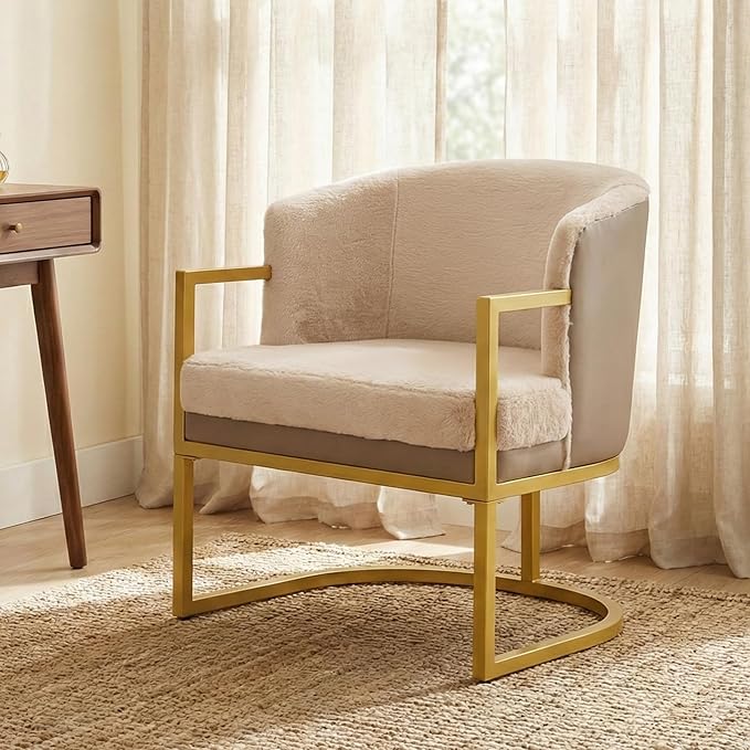 Modern Accent Chair with Gold Metal Frame Cozy Armchair Upholstered Reading Chair with Ergonomic Curved Backrest for Living Room Office (Brown-36)