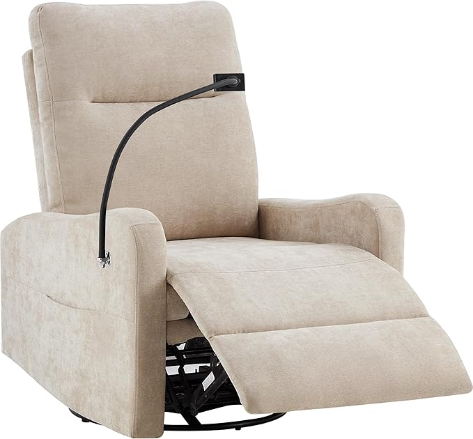 Oversized Swivel Rocking Chair Ergonomic Recliner Chair with Phone Holder Lazy Boy Fabric Sofa Chair with Lumbar Support Manual Glider Chair for Living Room RV Beige