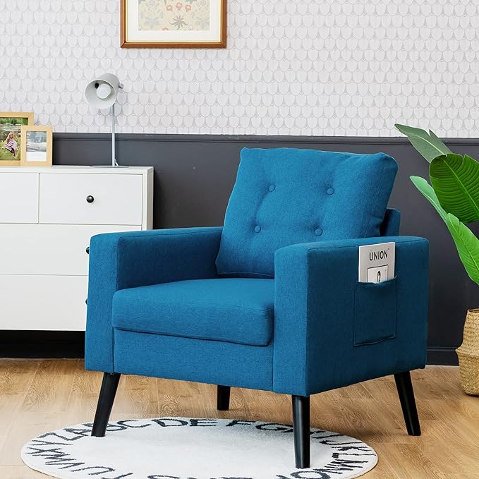 Giantex Set of 2 Modern Accent Chair Upholstered Living Room Chair Button Tufted Single Sofa Couch Bedroom Reading Guest Room Patented Linen Fabric Armchairs with Side Pockets and Wood Legs Blue