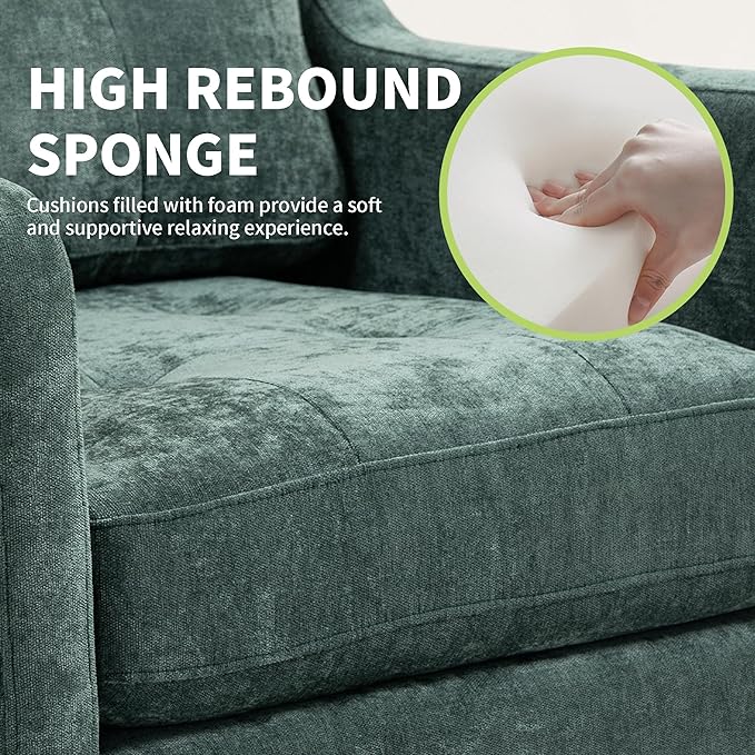 Accent Chair for Living Room Mid-Century Armchairs for Small Spaces Chenille Upholstered Comfy Reading Armchair with Studded for Bedroom (Dark Green-B)