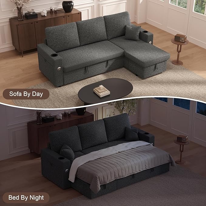 Sleeper Sofa Bed 4-in-1 Pull Out Couch with Reversible Chaise | Dual USB &amp Type-C Charging | Dual Cup Holders | Layered Storage (Armrest + Chaise) for Living Room Apartment Home Office (Dark Gr