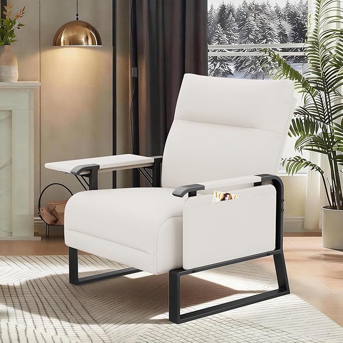 PU Leather Accent Chair Upholstered Armchair with Side Table for Bedroom Living Room Chairs Office Club Chair Beige