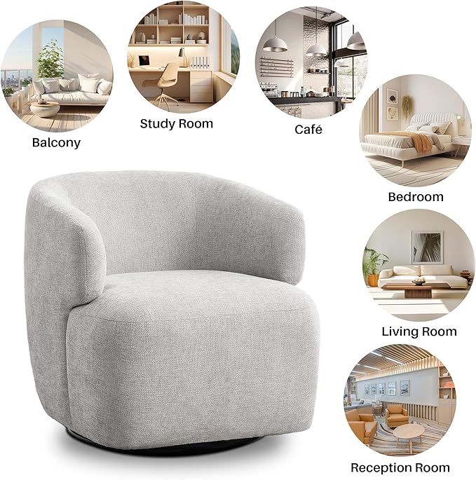 Swivel Accent Chair Chenille Barrel Chair for Living Room Cozy Round Boucle Arm Chair Metal Base for Club Nursery Bedroom Light Grey