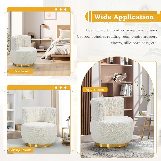 SLEERWAY 360° Swivel Barrel Chair Set of 2 Modern Teddy Round Accent Chair Comfy Upholstered Small Armchair with Gold Metal Base for Living Room Bedroom Nursery Sillas para Sala Cream White