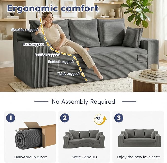 Boneless Couch for Living Room 3 Seater Convertible Futon Sofa Bed Comfy Pull Out Couch with 5 Pillows &amp Detachable Washable Cover Upholstered Floor Sofa in A Box No Assembly Required Grey