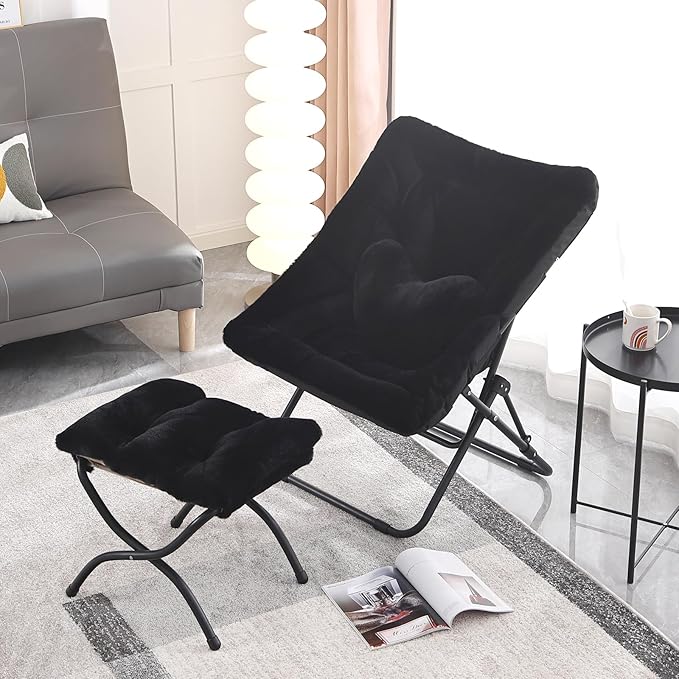 Comfy Saucer Chair with Ottoman Oversized Folding Faux Fur Chair Soft Furry Lazy Chair with Metal Frame Moon Chair Accent Chair for Bedroom Living Room Dorm Rooms Black