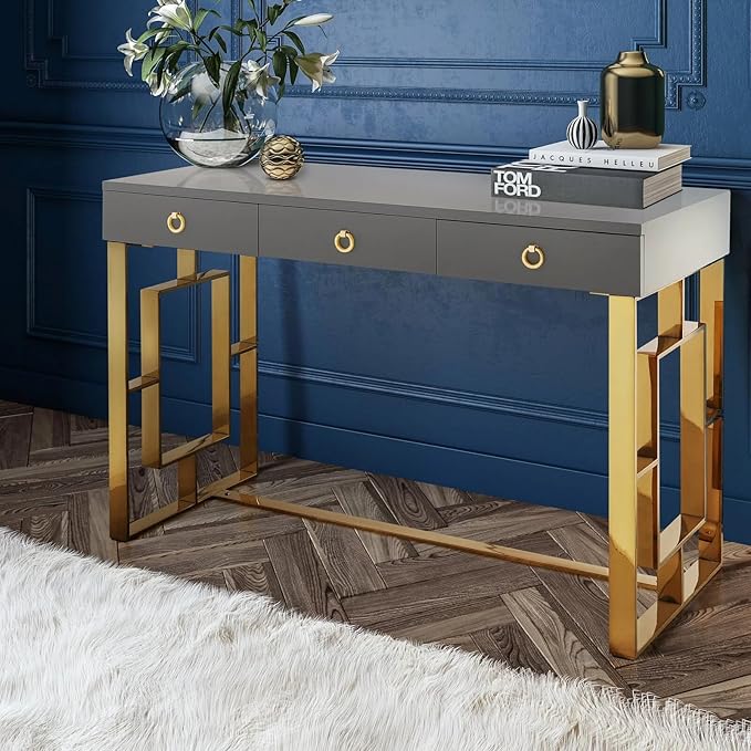 First of a Kind Brooke Mid Century Modern Gloss Lacquer Computer Desk - Home Office Desk with Drawers - Writing Desk for Luxurious Touch - Versatile PC Desk Grey/Gold