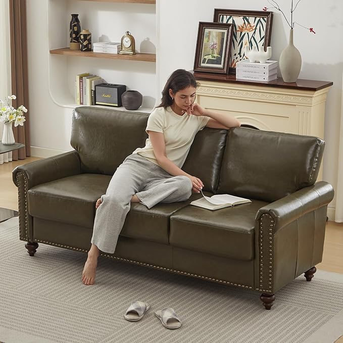 80 Faux Leather Sofa with Storage Mid-Century Modern Rolled Arm Couches for Living Room Furniture Easy Tool-Free Assembly Nailhead Trim(Dark Green)