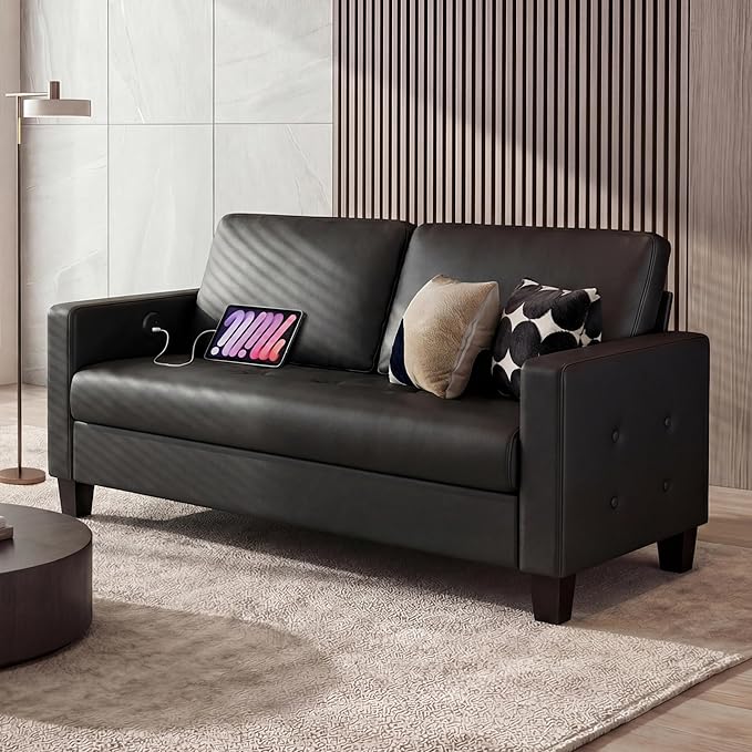 STHOUYN 59 Black Faux Leather Sofa Couch Modern Comfy Office 2 Seater Couch Loveseat with Tufted Armrest and USB Small Love Seat Couches for Living Room Apartment Bedroom