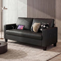 STHOUYN 59 Black Faux Leather Sofa Couch Modern Comfy Office 2 Seater Couch Loveseat with Tufted Armrest and USB Small Love Seat Couches for Living Room Apartment Bedroom