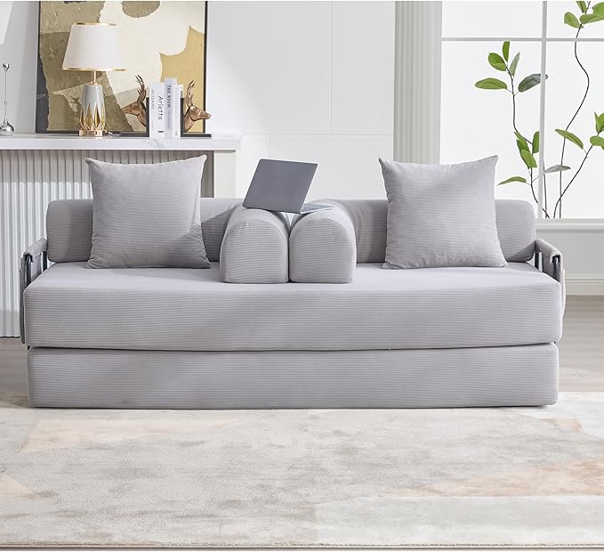 Convertible Sleeper Sofa Bed with Fixed-Shape Frame Modern Corduroy Folding Boneless Couch with 2 Pillows Comfy Floor Sofa Couch for Living Room No Assembly Required (Light Grey)
