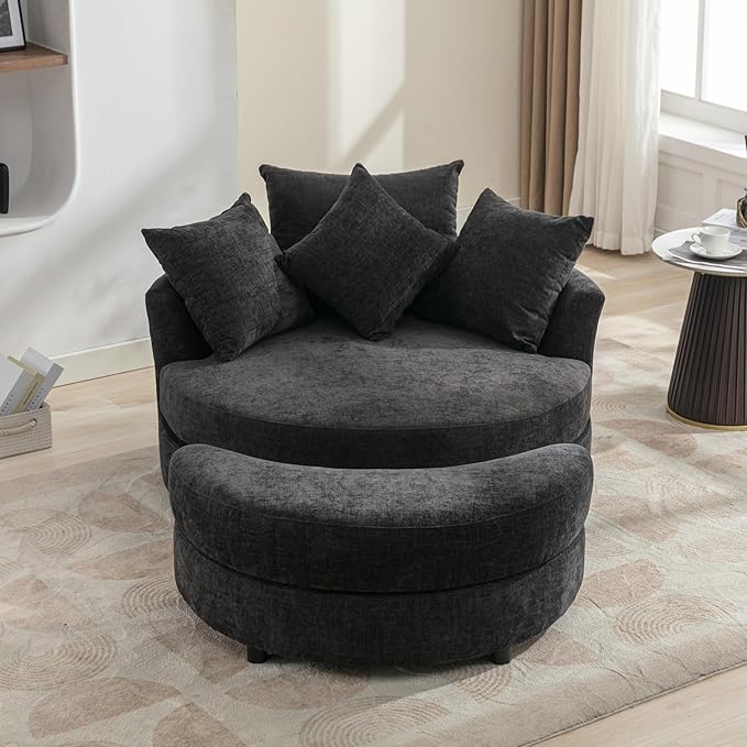 Yoglad Oversized Round Swivel Accent Chair - Modern 360 Degree Barrel Chairs with Storage Ottoman for Living Room Bedroom(Chenille- Gray)