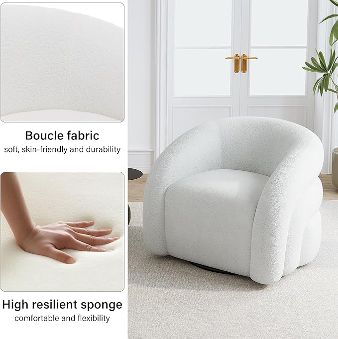 Boucle Swivel Accent Chair No Assembly Small Comfy Round Barrel Armchair for Living Room Bedroom Reading Waiting Room (White Set of 1)