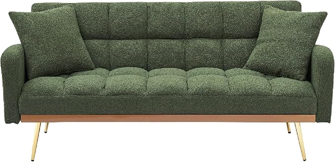 KEIKI 69 Folding Futon Sofa Couch w/Adjustable Backrest Mid Century Modern Loveseat Convertible to Sleeper Bed Small Comfy Teddy Cloud Couch SofaBed for Living Room &amp Bedroom 2 Pillows Green