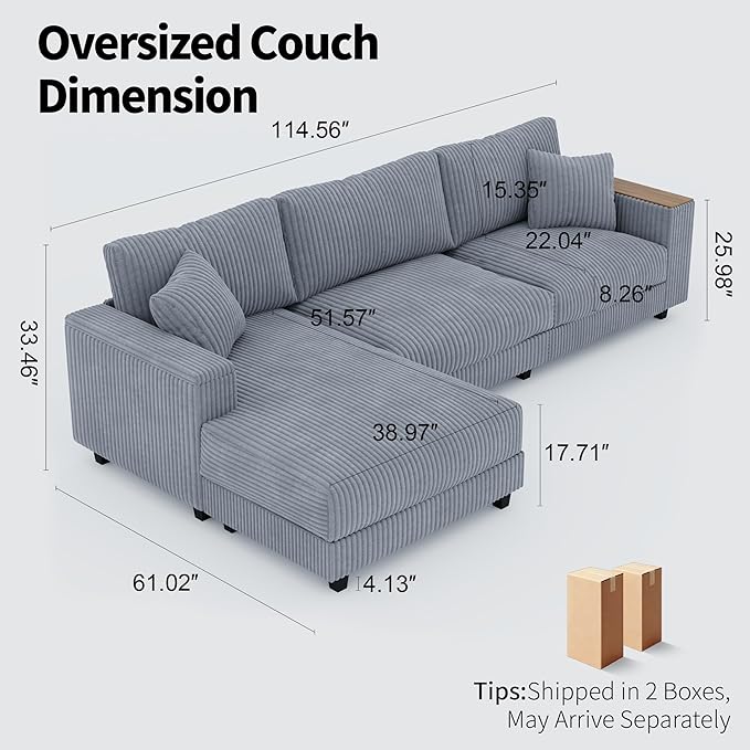 Modular Sectional Sofa 114.5 Convertible L Shaped Couch with Corduroy Fabric 3 Seater Corner Sleeper Sofa with Chaise Storage Armrests &amp 2 Pillows Modern Comfy Upholstered Couches for Living