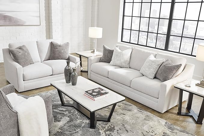 Signature Design by Ashley Maitelynn Contemporary Sofa with Accent Pillows Reversible Cushions and Sloped Arms Light Gray