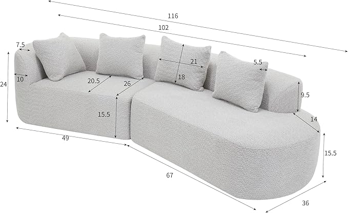 116Modern Curved Sectional Sofa with High-Density Fully Compressed Sponge and Chaise LoungePearl Upholstery2-Piece SetFully Assembled Right Hand FacingPerfect for Living Room (White+gray~23)