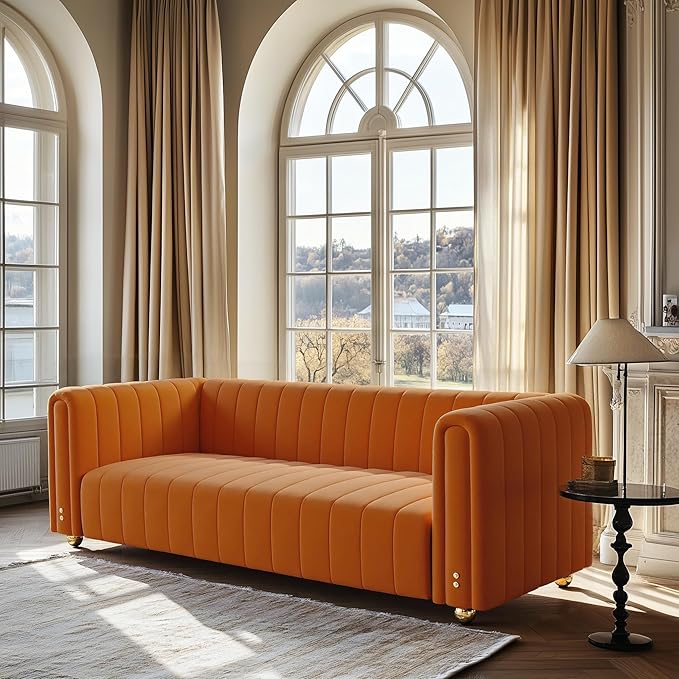 82 Deep Seat Sofa - Gold Leg Modern Couch with Serpentine Springs 750LBS Capacity &amp Fade-Resistant Fabric for Living Room (Emerald Green/Burnt Orange/Classic Black) (Orange 3S)