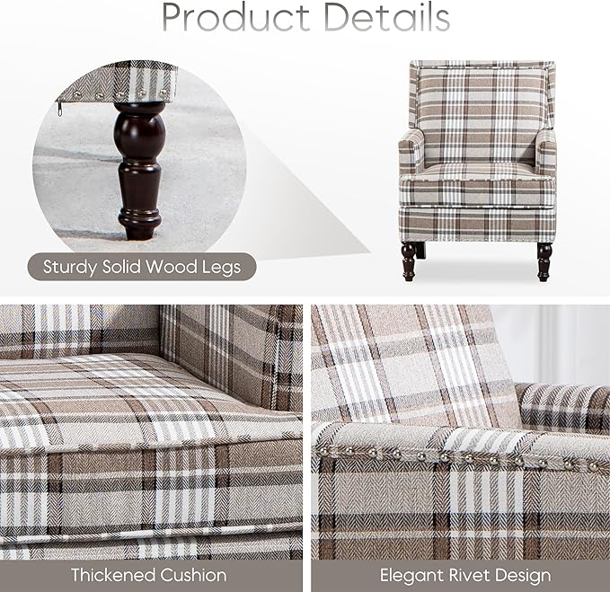 Vintage Upholstered Mid Century Accent Armchair with Solid Wood Frame &amp Plush Cushion for Living Room Bedroom Office - Mocha Check