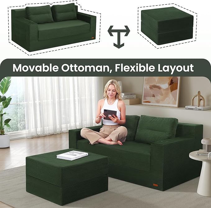 COMAX Futon Sofa Bed Boneless Loveseat Couch in A Box 67 L-Shaped Convertible Sofa Bed Corduroy for Living Room Fold Out Small Foldable Loveseat Foam with Movable Ottoman Floor Sleeper Green