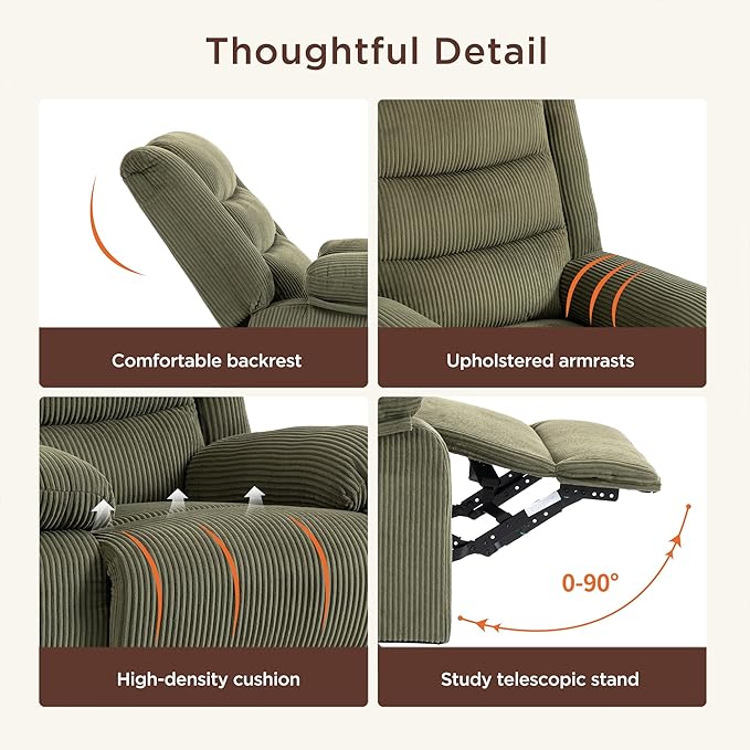 360° Swivel Rocker Recliner Chair for Adults Manual Reclining Chair with Comfortable Arms and Back Upholstered Glider Rocking with Side Pockets for Living Room Bedroom Corduroy Green