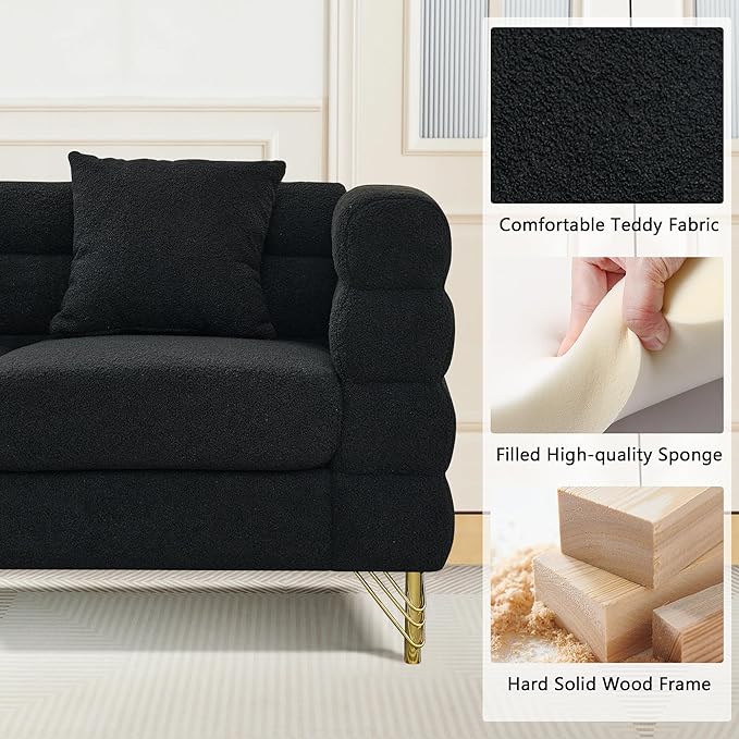 mikibama Modern Teddy Loveseat Sofa 60 Inch Sectional Sofa Couch Luxury 2 Seater Deep Couch with 2 Pillows and Gold Metal Legs for Living Room Bedroom Apartment (Black)