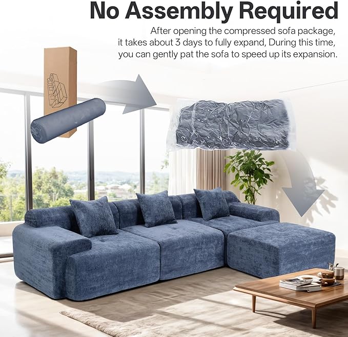 118 Cloud Sectional Couch for Living Room L-Shaped Modern Modular Sectional Sofa Boneless 4-Seater Lounge Couch with Deep Seat and Movable Ottoman No Assembly Blue