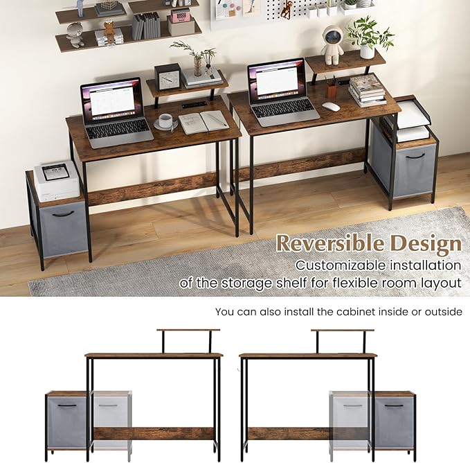 Tangkula Computer Desk with Charging Station Home Office Desk with Reversible Fabric Drawer Headphone Hook &amp Elevated Shelf Study Writing Table Industrial PC Workstation for Home
