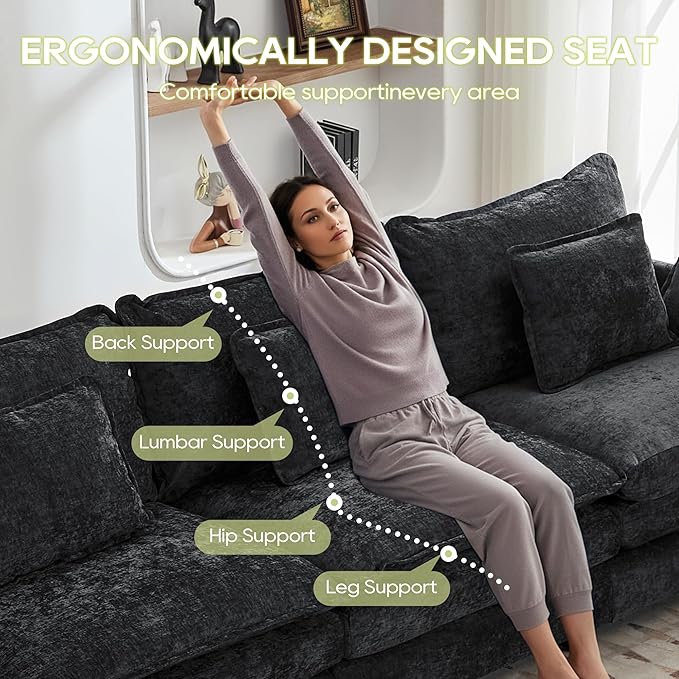 113 Chenille Modular Sectional Sofa Convertible L Shaped Modular Sofa Comfy Cloud Couch with Ottoman Side Pockets and 5 Throw Pillows for Living Room (Black 113'' - 4 Seat)