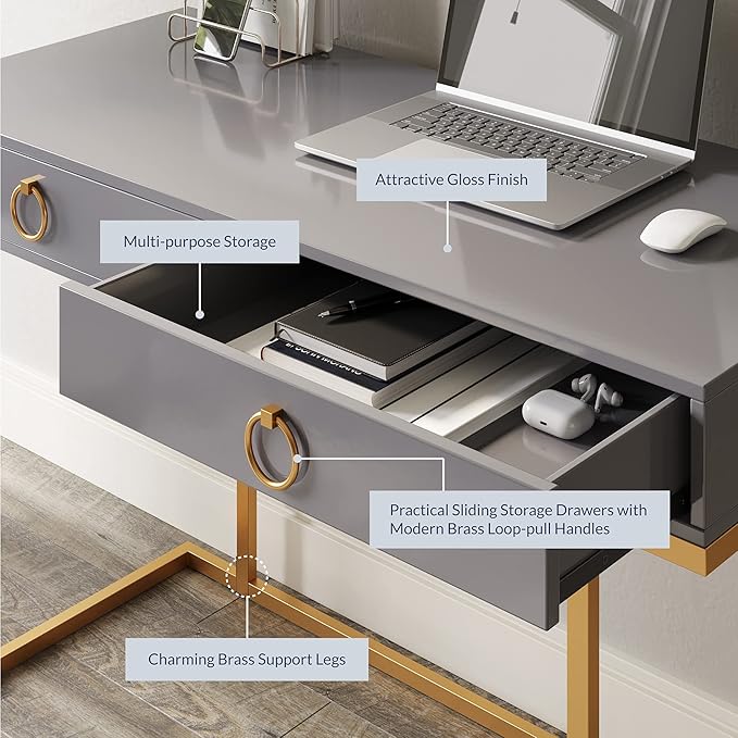 BELLEZE Modern 45 Inch Makeup Vanity Dressing Table or Home Office Computer Laptop Writing Desk with Two Storage Drawers Wood Top and Gold Metal Frame - Chelsea (Gray)